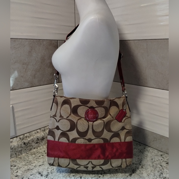 Coach Brown and Red Shoulder Bag with Signature Monogram - Picture 4 of 15